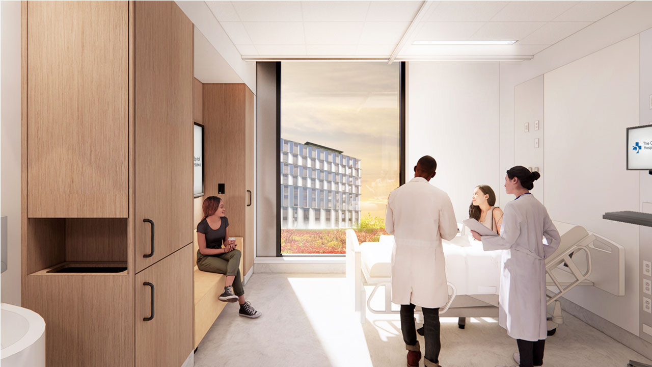 Every patient room will be private and will have space for loved ones to visit or spend the night. Floor to ceiling windows will provide a clear view to the natural surroundings and a connection to the outdoors.