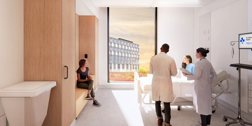 An artist rendering of a patient room at the new hospital, where everyone will have their own room and accessible washroom. A patient is sitting up in bed talking to a visitor, while two physicians are at the patient’s bedside. A large floor to ceiling window in the room provides a clear view outdoors.