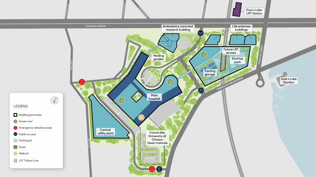 Site map of The Ottawa Hospital’s new campus showing the main hospital, the central utility plant, the parking garage, an ambulatory care building and three life sciences buildings. 