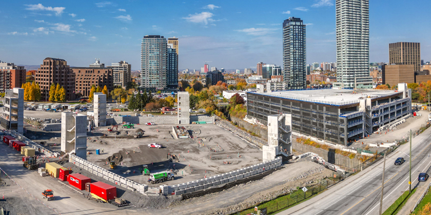 A bird's eye view showing construction progress of the parking garage on the site of The Ottawa Hospital's new campus