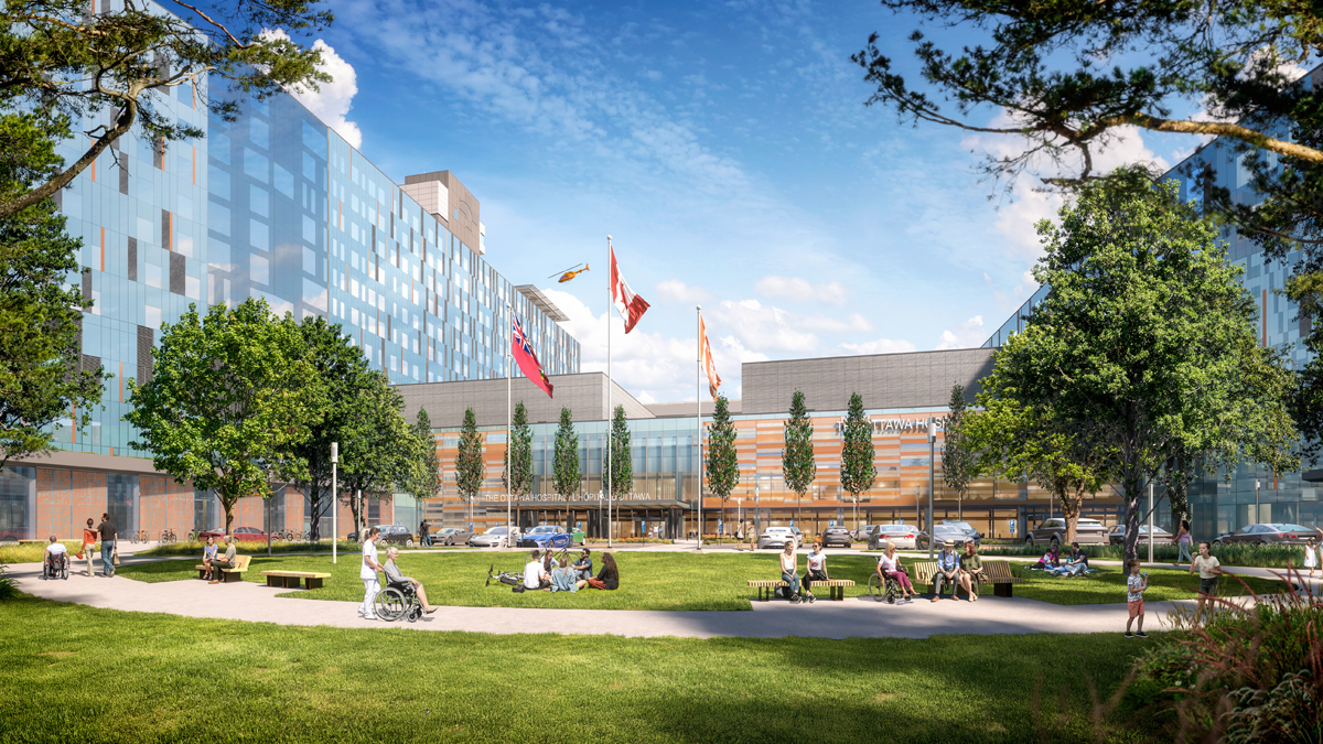 An artist rendering of The Ottawa Hospital's new campus, showing the outdoor space in front of the new hospital on a summer day. A ground-level perspective shows grass, trees and a walking path in the foreground. People are in various locations throughout the scene, some are in wheelchairs while others are walking on the path or seated in benches along it. Two small groups of people are sitting on the lawn across the path. The hospital is in the background. In front of it, there is a row of parked cars and 3 flags on flagpoles: the Ontario provincial flag, The Canadian flag and the Survivors flag.